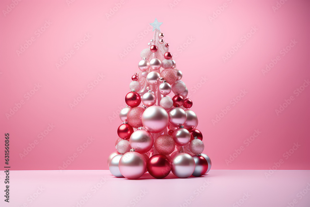 Creative fashionable fancy pink New Year's card. Unusual Christmas tree with simple Christmas toys balls. Banner, invitation or greeting card template with copy space. 3d render illustration style. Creative fashionable fancy pink New Year's card. Unusual Christmas tree with simple Christmas toys balls. Banner, invitation or greeting card template with copy space. 3d render illustration style.