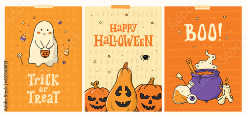 set of Halloween posters, prints, cards, invitations, banners, templates, wallpapers with cute doodles and lettering quotes. EPS 10