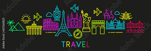Set of conceptual travel icons. Signs in bright colors Background on the theme of tourism and travel. Web banner