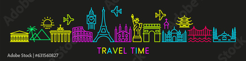 Set of conceptual travel icons. Signs in bright colors Background on the theme of tourism and travel. Web banner