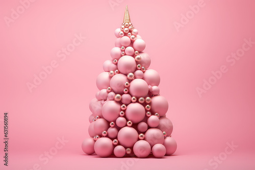 Creative fashionable fancy pink New Year s card. Creative Christmas tree with simple Christmas toys balls. Banner  invitation or greeting card template with copy space. 3d render illustration style.