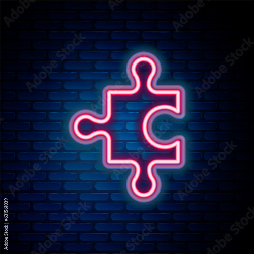 Glowing neon line Piece of puzzle icon isolated on brick wall background. Business, marketing, finance, layout, infographics, internet concept. Colorful outline concept. Vector