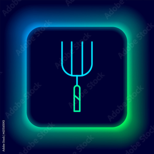 Glowing neon line Garden pitchfork icon isolated on black background. Garden fork sign. Tool for horticulture  agriculture  farming. Colorful outline concept. Vector
