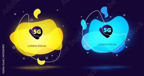Black Phone with 5G new wireless internet wifi icon isolated on black background. Global network high speed connection data rate technology. Abstract banner with liquid shapes. Vector