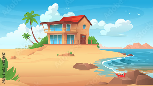 A beautiful cozy house on the tropical coast beach under blue sky with clouds. Near the sea or ocean. Flat cartoon style vector illustration