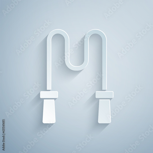 Paper cut Jump rope icon isolated on grey background. Skipping rope. Sport equipment. Paper art style. Vector