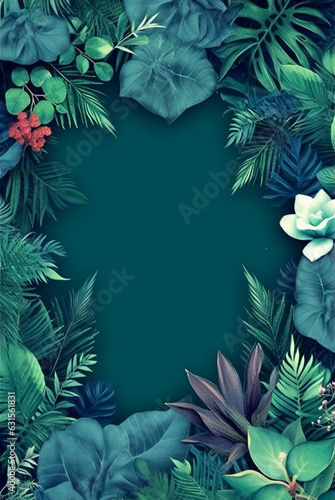 Frame mockup with Tropical leaves and flowers. Generative ai