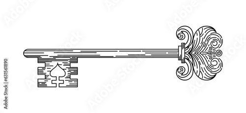 Vintage key with floral motif and heart. In the style of engraving. Boho chic. magic, witchcraft, astrology, mysticism. For logo, posters, cards, banners, fabric printing, tattoo design.