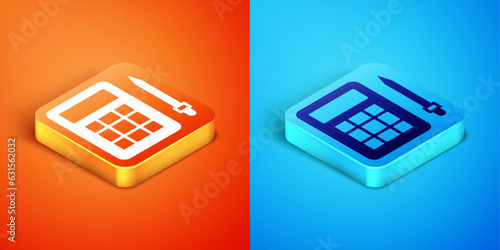Isometric Bingo card with lucky numbers icon isolated on orange and blue background. Vector