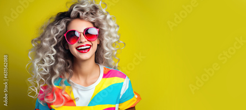 Retro 1980s Woman with Big Hair in Colorful Neon Clothes with Sunglasses on a Solid Background with Space for Copy photo