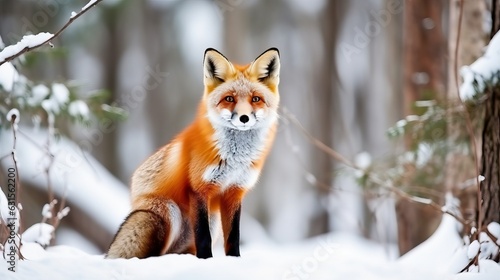 Fox portrait in snow winter forest © thesweetsheep