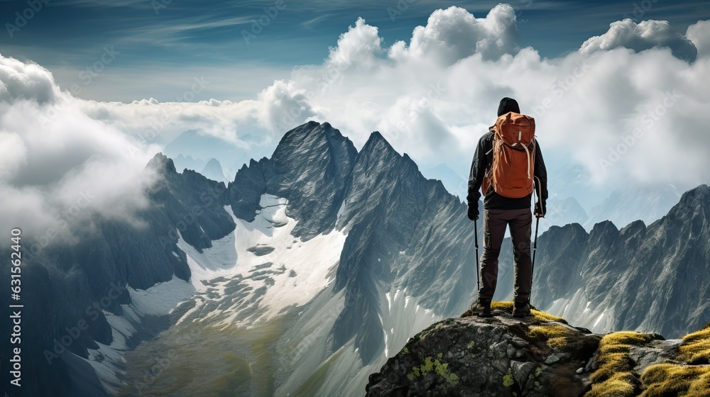 Hiker on the top of mountain, beautiful snow hill landscape. Hiker on the top of mountain, beautiful snow hill landscape.