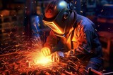 welder is welding metal , industry them bokeh and sparkle background.ai generative
