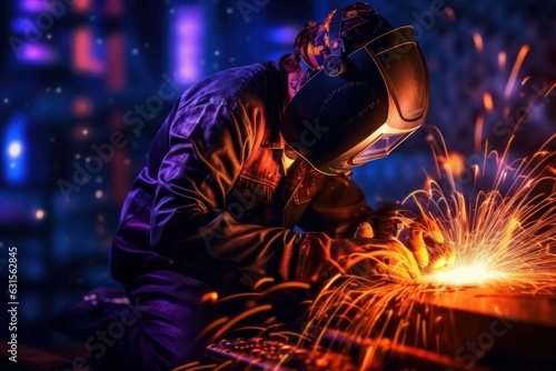 welder is welding metal , industry them bokeh and sparkle background.ai generative © tope007