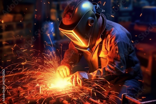 welder is welding metal , industry them bokeh and sparkle background.ai generative © tope007