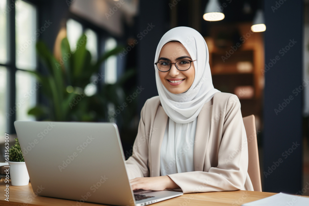 Portrait of Muslim Woman Wearing Hijab Working or Studying at Home Office on Laptop Portrait of Muslim Woman Wearing Hijab Working or Studying at Home Office on Laptop