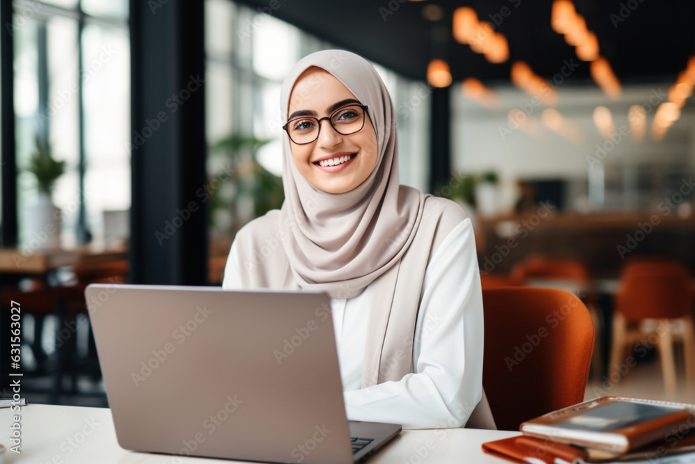 Portrait of Muslim Woman Wearing Hijab Working or Studying on Laptop Portrait of Muslim Woman Wearing Hijab Working or Studying on Laptop