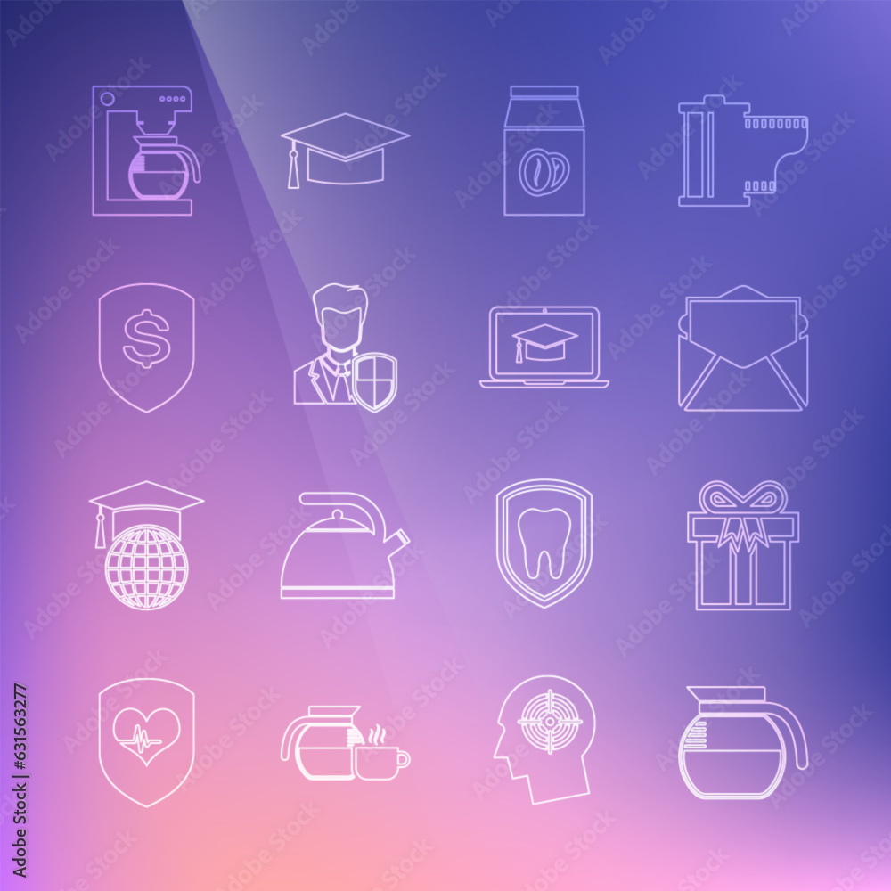 Set line Coffee pot, Gift box, Mail and e-mail, beans in bag, User protection, Shield dollar, machine with and Graduation cap laptop icon. Vector Set line Coffee pot, Gift box, Mail and e-mail, beans in bag, User protection, Shield dollar, machine with and Graduation cap laptop icon. Vector