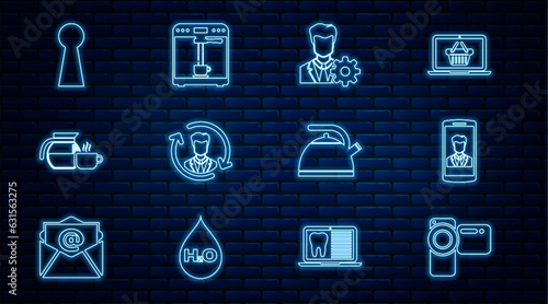 Set line Cinema camera, Smartphone with contact, Profile settings, Human resources, Coffee pot cup, Keyhole, Kettle handle and machine icon. Vector