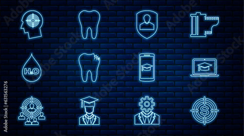 Set line Target with dollar, Graduation cap on laptop, User protection, Broken tooth, Water drop H2O, Head hunting concept, mobile and Tooth icon. Vector