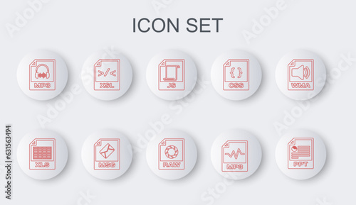 Set line PPT file document, XLS, JS, MP3, XSL, MSG and RAW icon. Vector