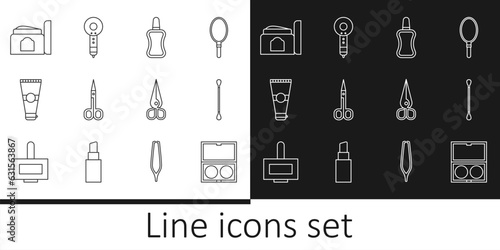Set line Makeup powder with mirror, Cotton swab for ears, Nail polish bottle, Scissors, Lotion cosmetic tube, Cream, and Hair dryer icon. Vector