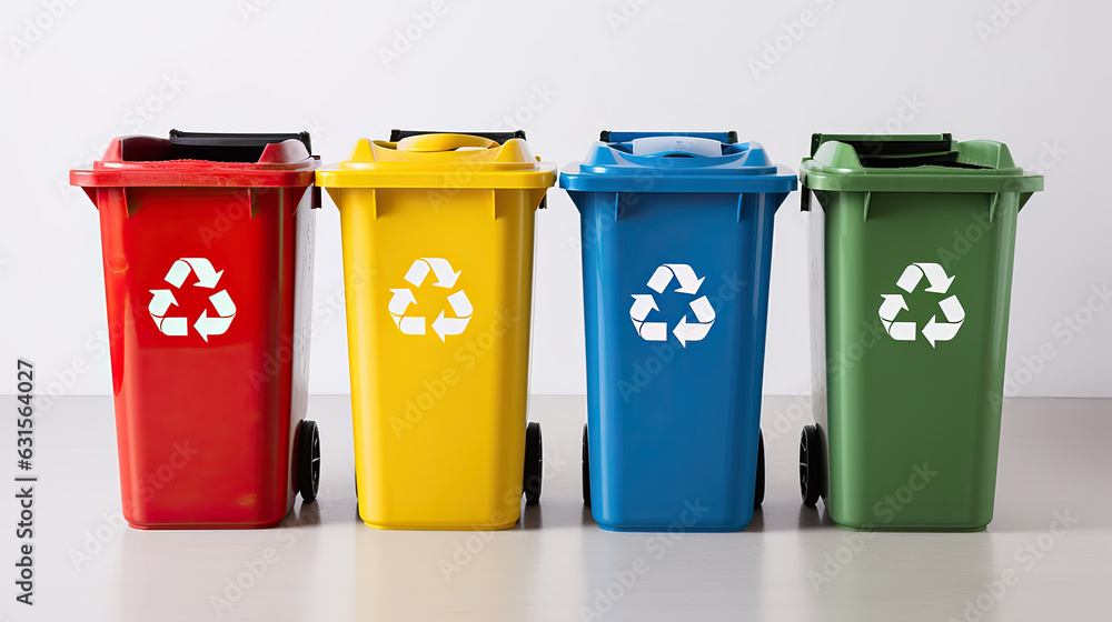 Collection of Yellow, Green, Blue and Red recycle bins with recycle symbol isolated on white background. Generative Ai Collection of Yellow, Green, Blue and Red recycle bins with recycle symbol isolated on white background. Generative Ai