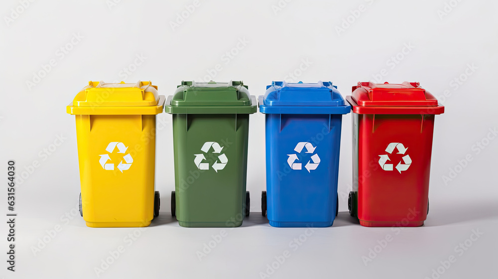Collection of Yellow, Green, Blue and Red recycle bins with recycle symbol isolated on white background. Generative Ai Collection of Yellow, Green, Blue and Red recycle bins with recycle symbol isolated on white background. Generative Ai