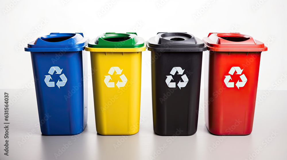 Collection of Yellow, Green, Blue and Red recycle bins with recycle symbol isolated on white background. Generative Ai Collection of Yellow, Green, Blue and Red recycle bins with recycle symbol isolated on white background. Generative Ai