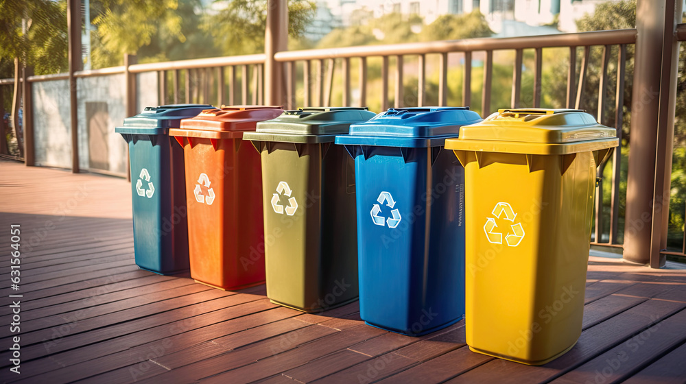 Collection of Yellow, Green, Blue and Red recycle bins with recycle symbol in public. Generative Ai Collection of Yellow, Green, Blue and Red recycle bins with recycle symbol in public. Generative Ai