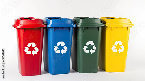 Collection of Yellow, Green, Blue and Red recycle bins with recycle symbol isolated on white background. Generative Ai