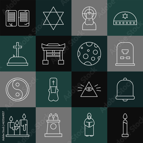 Set line Burning candle, Church bell, Tombstone with RIP written, Jesus Christ, Japan Gate, cross, The commandments and Moon icon. Vector