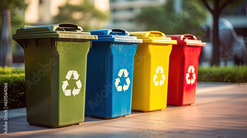 Collection of Yellow, Green, Blue and Red recycle bins with recycle symbol in public. Generative Ai