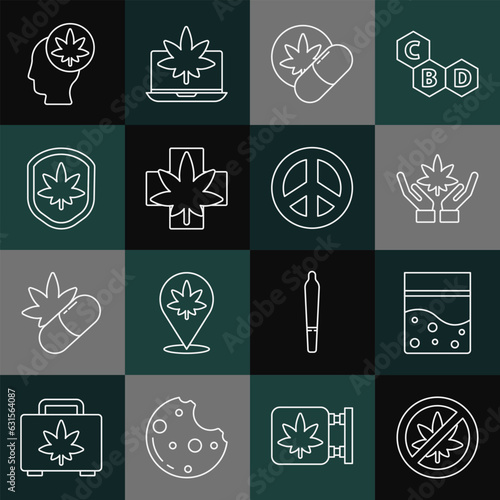 Set line Stop marijuana or cannabis leaf, Plastic bag of, Marijuana, Herbal ecstasy tablets, Medical, Shield and, Head with and Peace icon. Vector