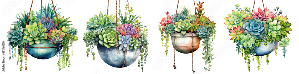 hanging planter filled with a variety of succulents watercolor collection hand drawn, succulents elegant watercolor illustration , succulents isolated transparent background, PNG. hanging planter filled with a variety of succulents watercolor collection hand drawn, succulents elegant watercolor illustration , succulents isolated transparent background, PNG.