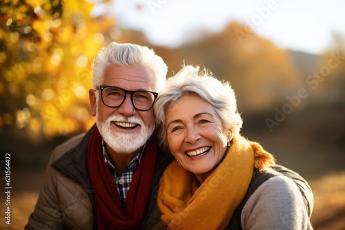 Happy caucasian senior couple in outdoors excursion in mountain foothpath. © Irina