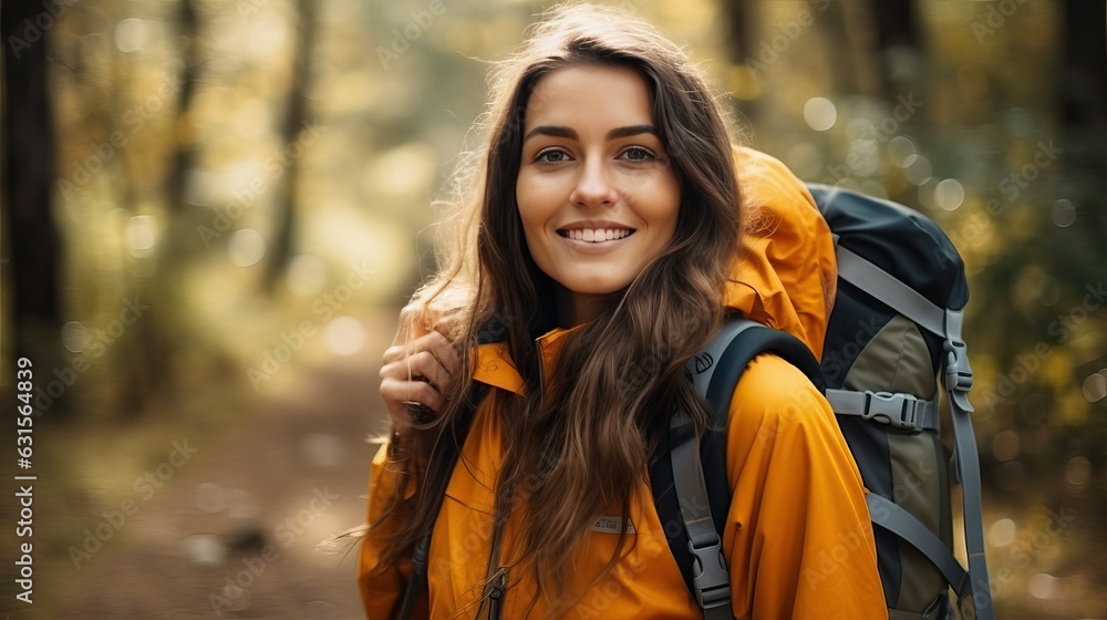 Woman hiking with backpack standing in forest Woman hiking with backpack standing in forest