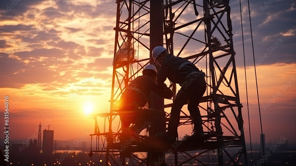 Silhouette of engineer and construction team working on top of a building at sunset