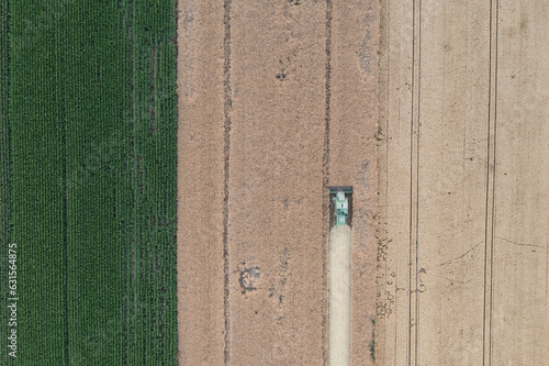 Harvesting field with combine in summer.  Harvest in the field, combine harvester mows grain in Poland countryside. Aerial drone photo of harvester. © Chawran