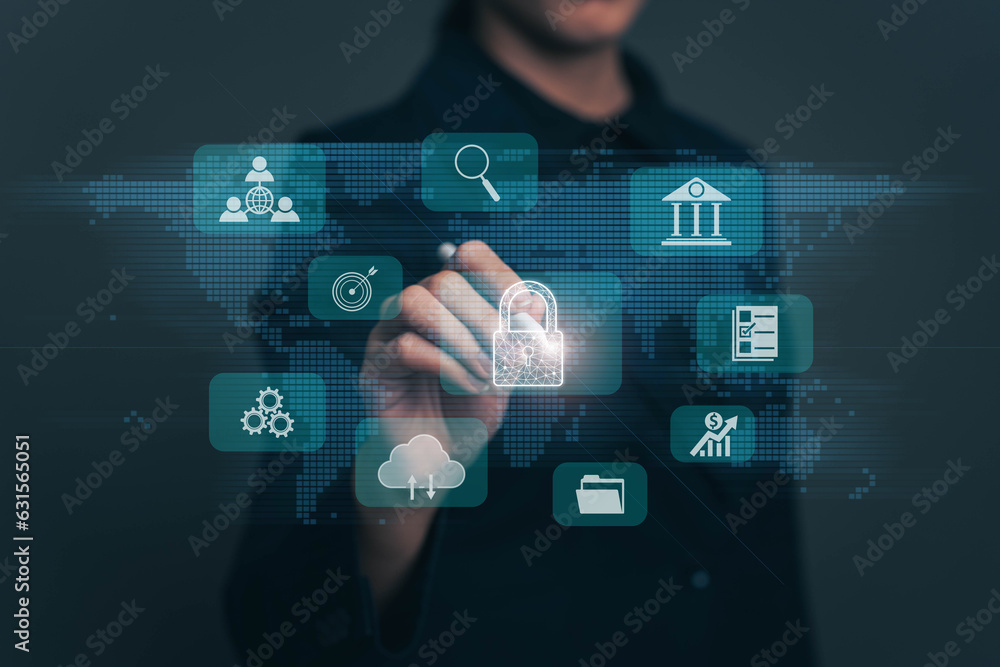 Businesswoman locking sensitive financial data for cyber security protection. cyber security concept User Privacy Security and Encryption Future technology and cybernetics lock screen key. Businesswoman locking sensitive financial data for cyber security protection. cyber security concept User Privacy Security and Encryption Future technology and cybernetics lock screen key.