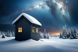 Small house in the snow landscape