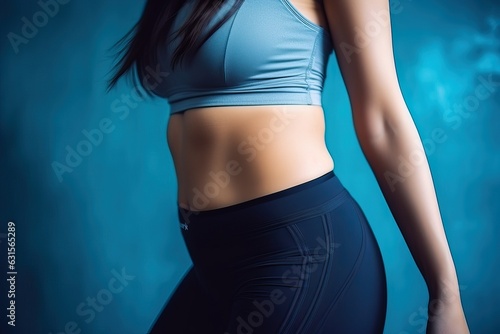 Body of fitness slim woman, Exercise workout pose in blue background © thesweetsheep