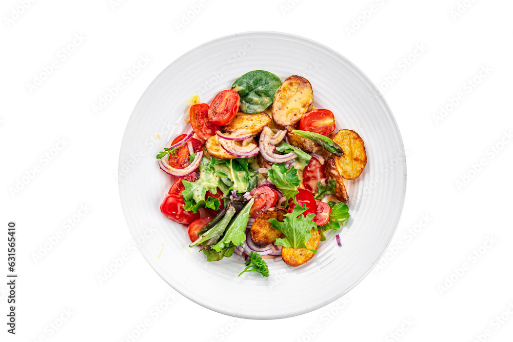 baked potato salad vegetable potato, tomato, onion, salad leaves, salad dressing vinaigrette vegetables food healthy meal food snack on the table copy space food background rustic top view baked potato salad vegetable potato, tomato, onion, salad leaves, salad dressing vinaigrette vegetables food healthy meal food snack on the table copy space food background rustic top view