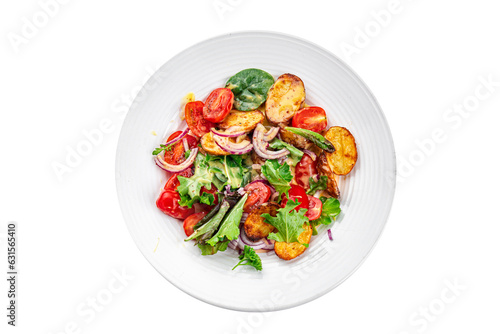 baked potato salad vegetable potato, tomato, onion, salad leaves, salad dressing vinaigrette vegetables food healthy meal food snack on the table copy space food background rustic top view 