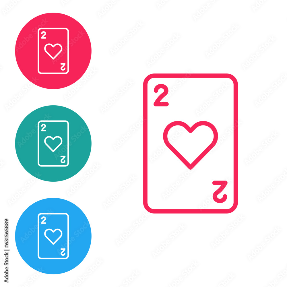 Red line Playing card with heart symbol icon isolated on white background. Casino gambling. Set icons in circle buttons. Vector Red line Playing card with heart symbol icon isolated on white background. Casino gambling. Set icons in circle buttons. Vector