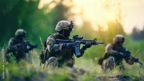 A group of soldiers take aim from tactical sniper rifles. Military operation. Special Forces with guns on the field. Army concept. Illustration for banner, poster, cover, brochure or presentation.