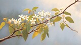 Realistic fruit tree branch with spring flowers. Beautiful flowering apple tree in spring day. Illustration for cover, card, postcard, brochure, advertising or presentation. 