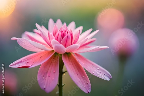 pink flower closeup, A delicate pink petaled flower rests on the edge of a weathered wooden windowsill, bathed in the soft glow of the setting sun photo