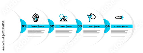 Set line Flashlight, Slingshot, Tourist tent with flag and Canteen water bottle icon. Vector