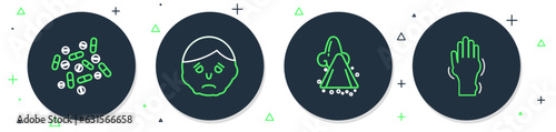 Set line Inflammation on face, Runny nose, Medicine pill or tablet and Hand with psoriasis eczema icon. Vector